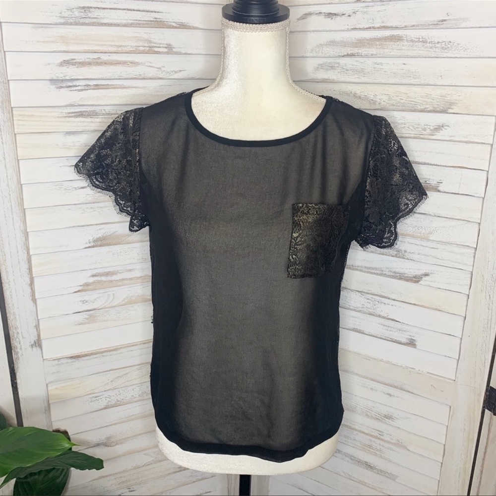 TED BAKER LONDON Sheer Chiffon Lace T-Shirt Blk 1